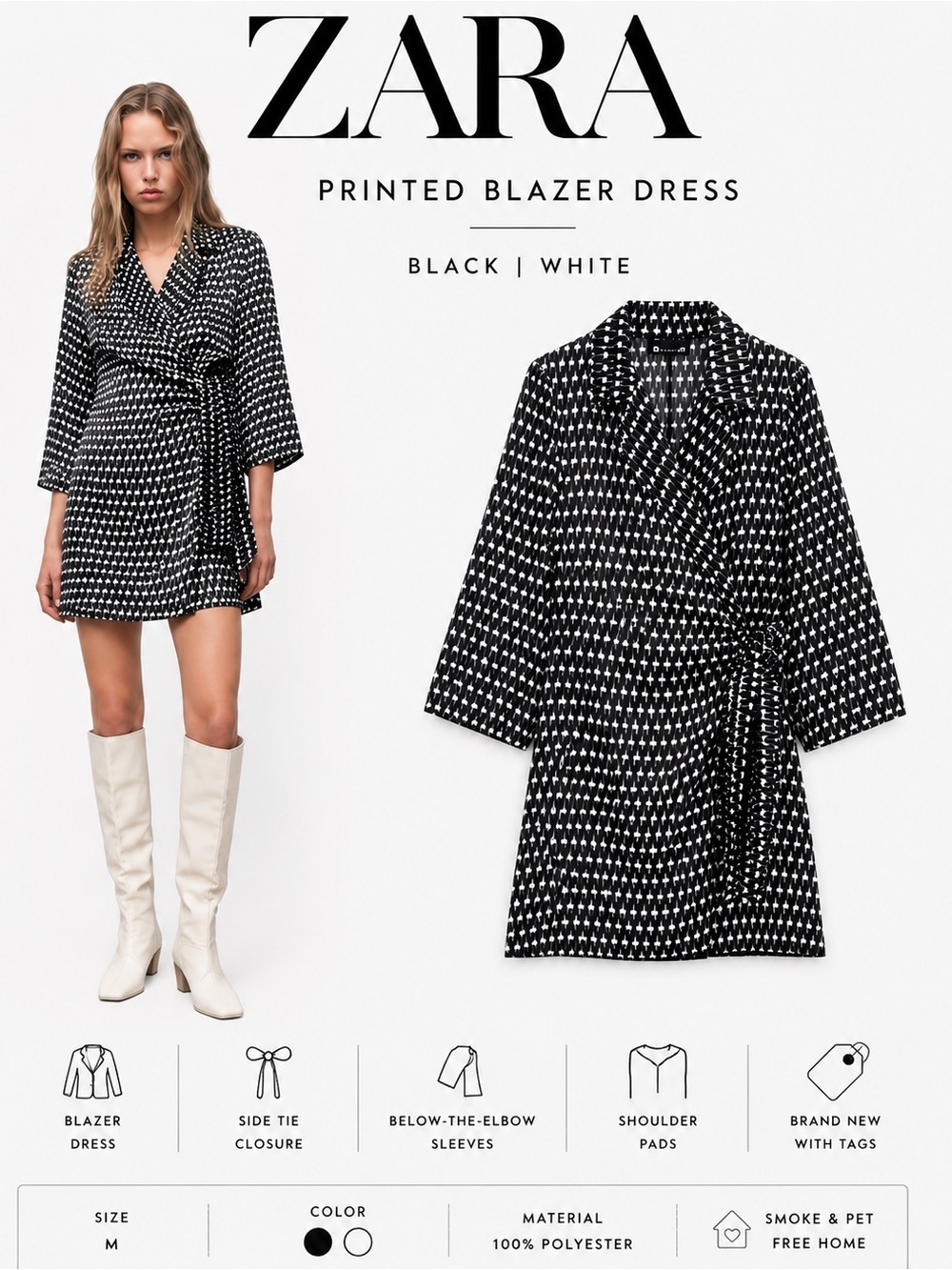 ZARA Printed Blazer Wrap Dress Black White Geometric Size M NWT
